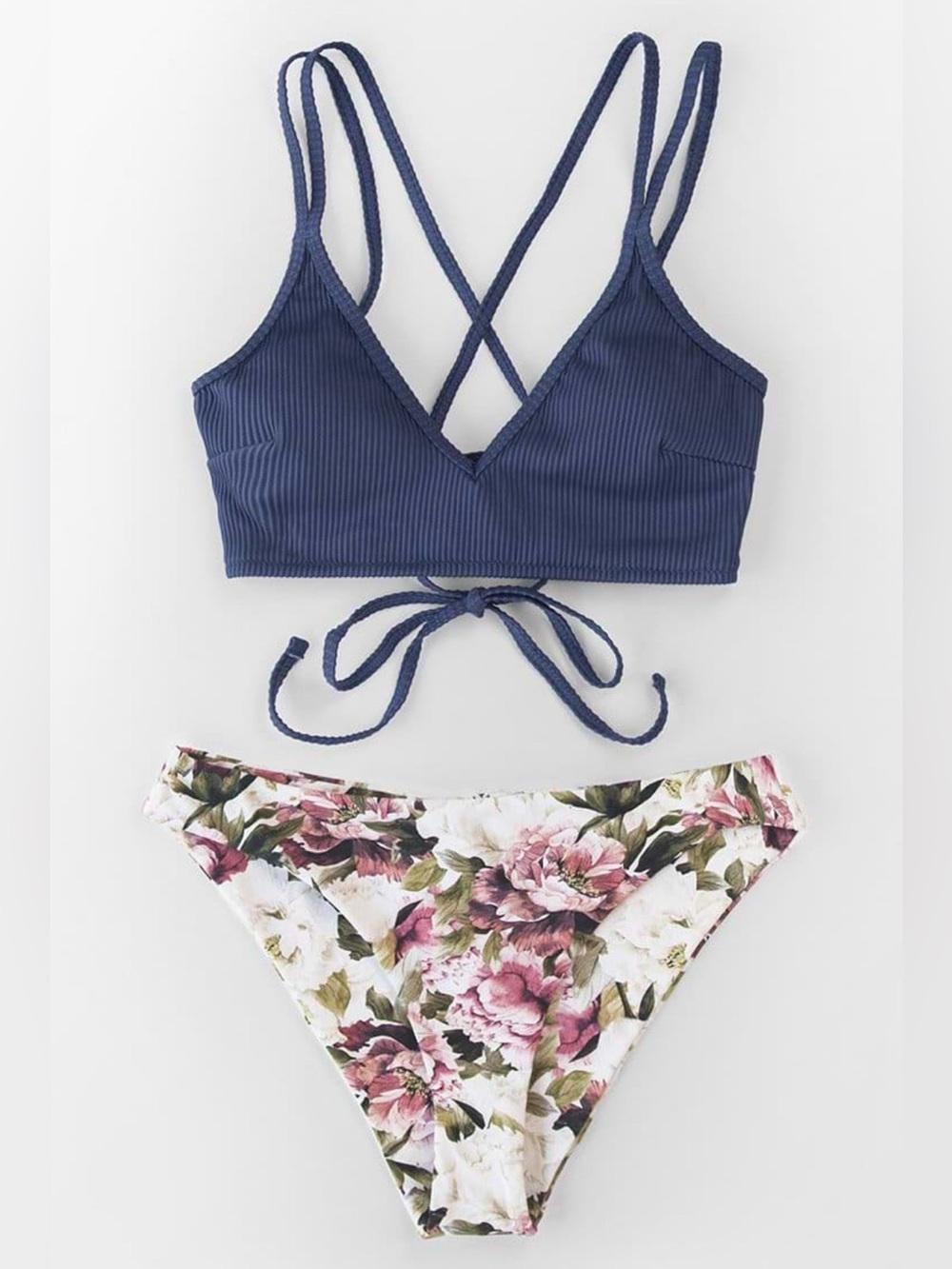 Cupshe Blue Ribbed Strappy Bralette & Floral Bikini Bottom Set